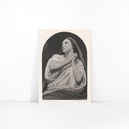 Black and white artwork of a praying woman with folded hands and serene expression by Dirk Jurriaan Sluyter, framed and displayed in modern living room decor