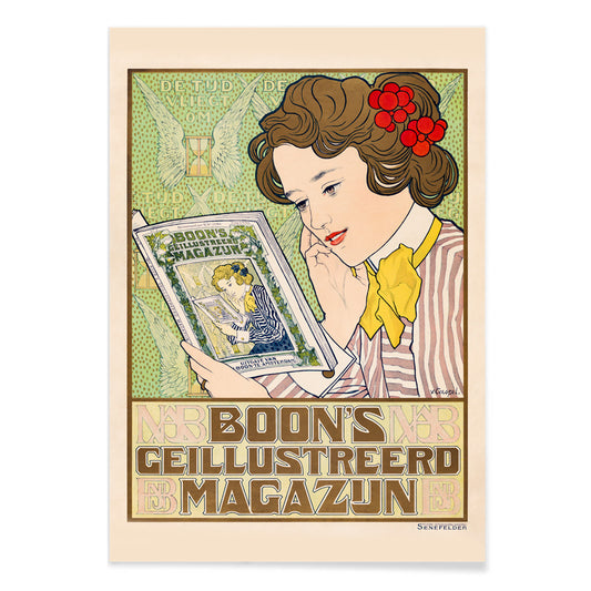 Art Nouveau poster of a woman reading Boon Magazine by Johann Georg van Caspel with decorative floral details, with black aluminium frame on white background