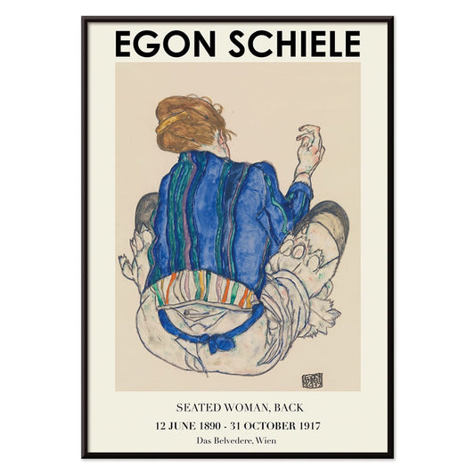 Egon Schiele Woman Seated Back exhibition poster showing a woman in a colorful garment sitting with her back turned artwork, with black aluminium frame on white background