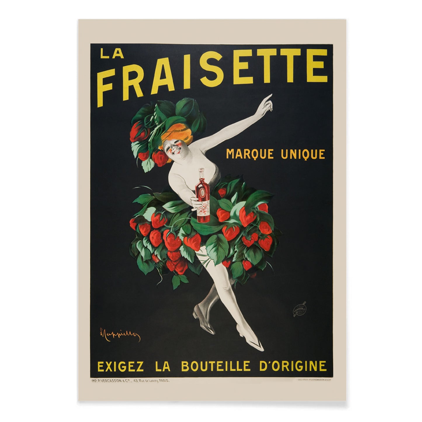 The Fraisette by Leonetto Cappiello poster featuring a whimsical woman in a strawberry costume holding a bottle of liqueur against a black background, with black aluminium frame on white background