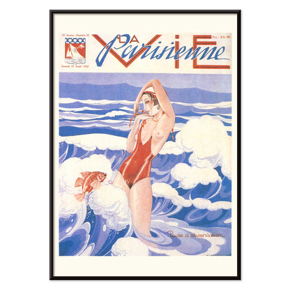 Art Deco poster of La Vie Parisienne by Umberto Brunelleschi showing a woman in a red swimsuit standing in ocean waves with a fish, with black aluminium frame on white background