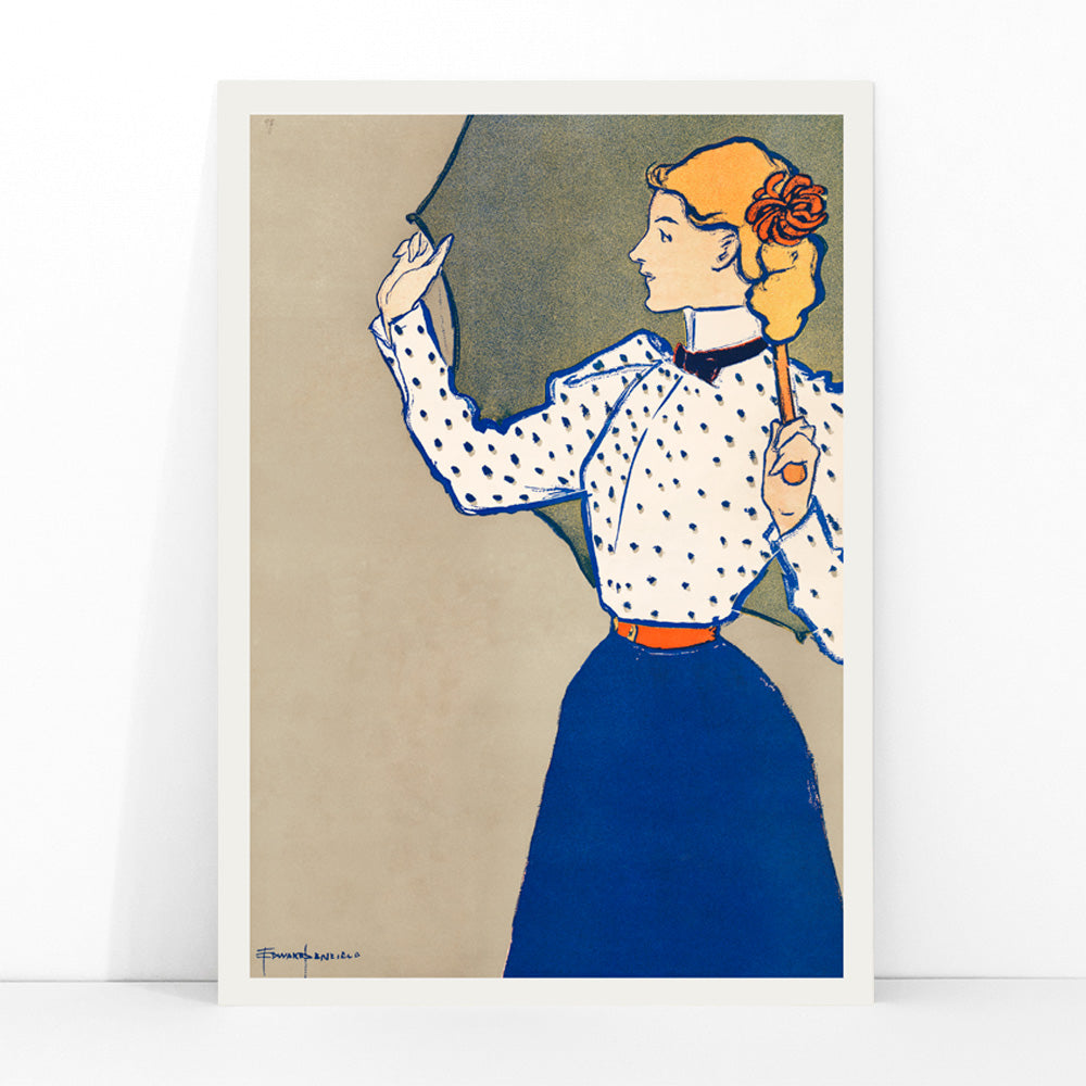 Woman holding umbrella in vintage fashion polka dot blouse and blue skirt artwork by Edward Penfield, framed and displayed in modern living room decor