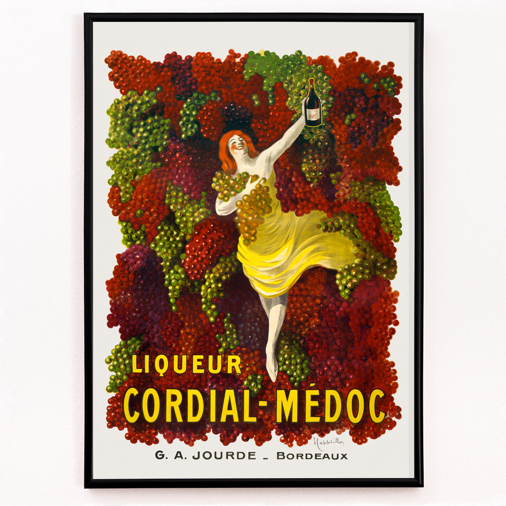 Closeup detail of Liquor Cordial-Médoc poster by Leonetto Cappiello showing a woman in a yellow dress surrounded by colorful grapes holding a bottle