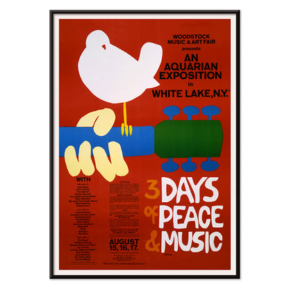Woodstock poster with white dove on guitar promoting peace and music at An Aquarian Exposition in White Lake artist unknown, with black aluminium frame on white background