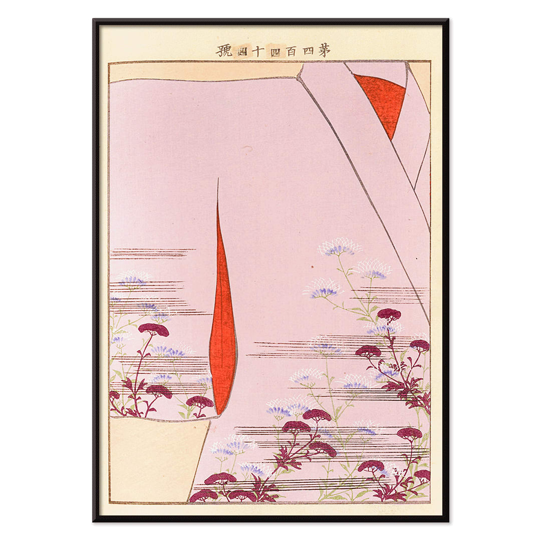 Yachigusa v 15 Pl 24 by Seiko Ueno kimono with delicate floral patterns and red accents poster close up, with black aluminium frame on white background