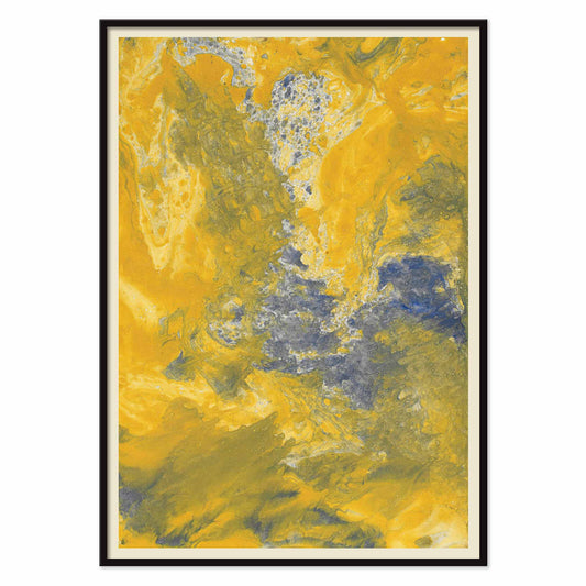 Margarete Rumpf Yellow marbled paper poster with swirling ochre, cream and blue-grey abstract textures, with black aluminium frame on white background